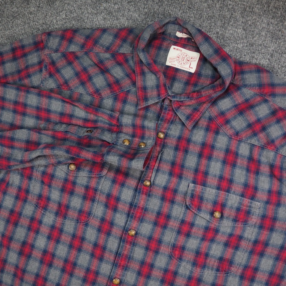 Lucky Brand Shirt Mens Large Western Red Blue Plaid Pearl Snap Cowboy Heritage